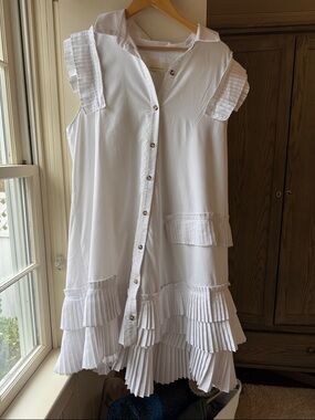 Anthropologie White Pleated-Trim Midi Shirt Dress